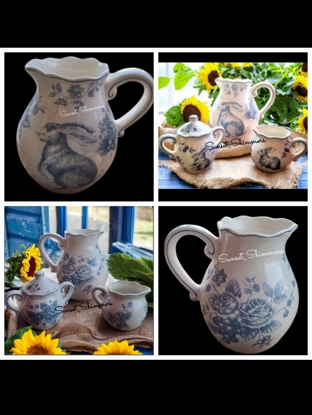 3pc Maxcera Blue Toile Bunny Rabbit Cabbage Rose Pitcher Sugar & Creamer Set New